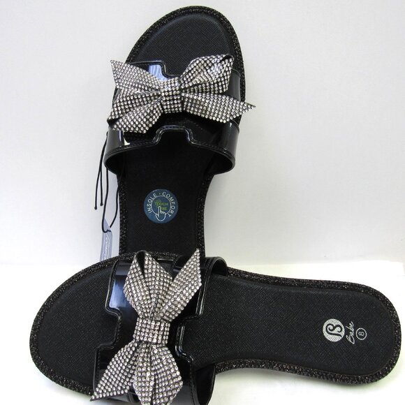 Women's Black Embellished Bow Design Dressy Summer Sandals Slides Various Sizes - Picture 1 of 5